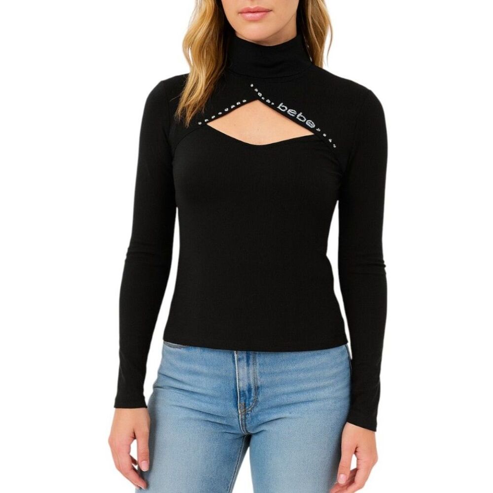 Bebe Women’s Black Cutout Turtleneck Top with Rhinestone Detail | Size XL
